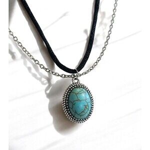 Oval Turquoise Pendant Silver Alloy Double Strand Fashion Necklace 18"